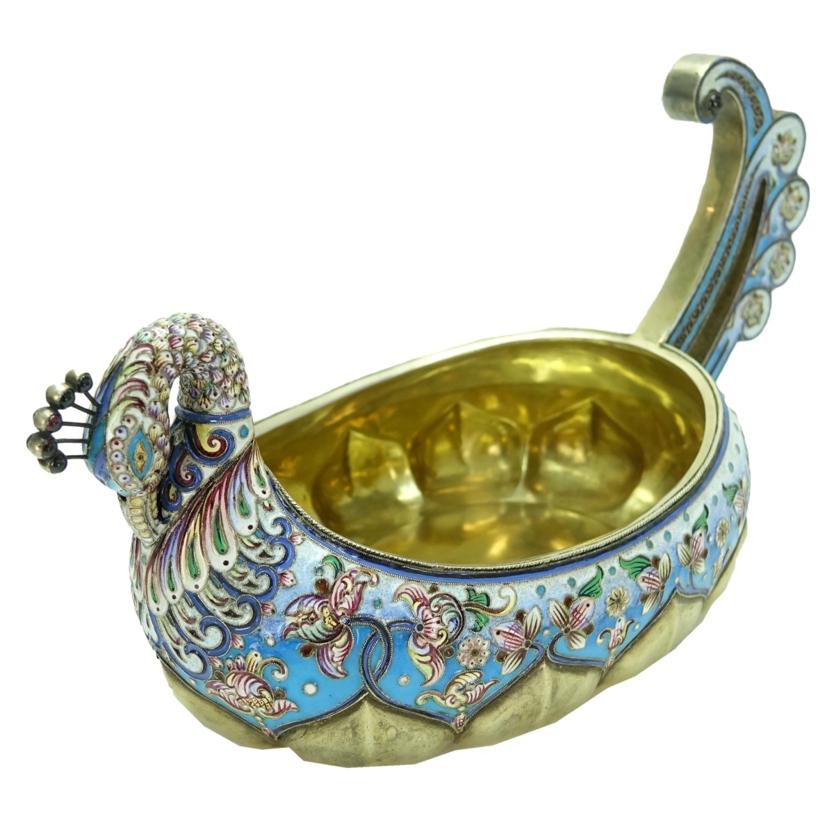 Russian Silver Gilt and Enamel Swan-form Kovsh