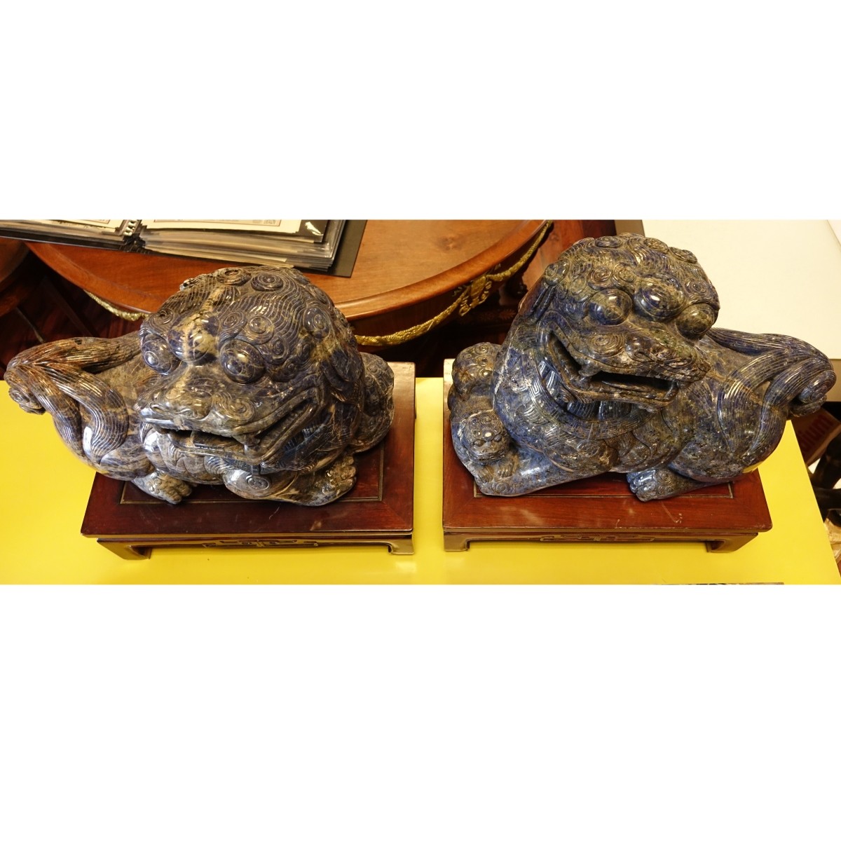 Chinese Carved Lapis Foo Dogs