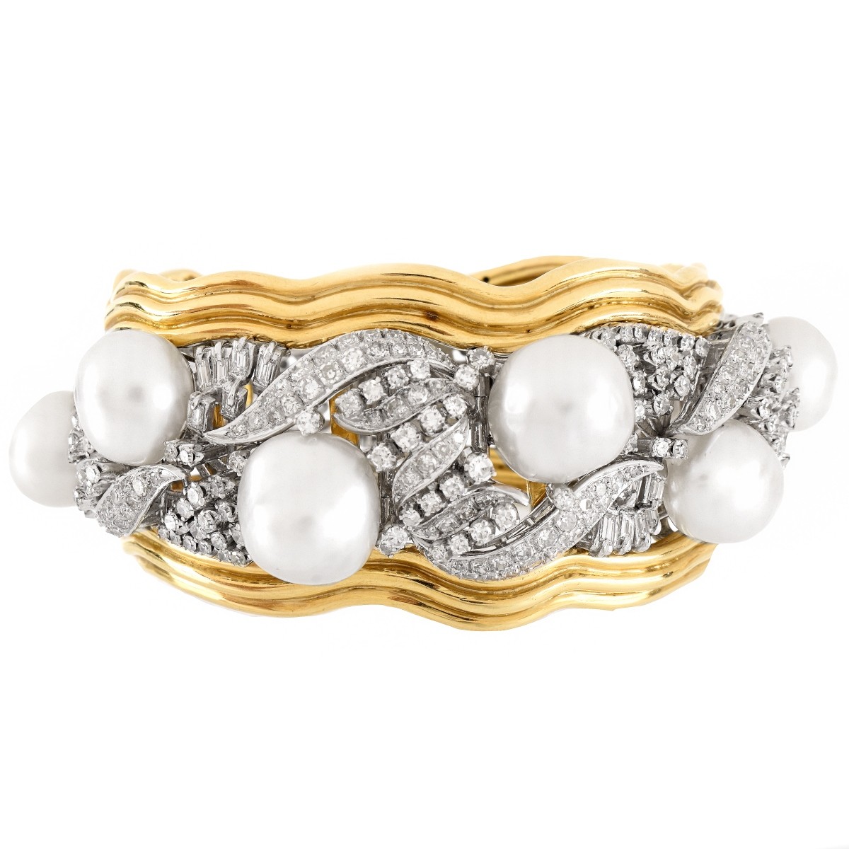 Diamond, Pearl, Platinum and 18K Cuff Bangle