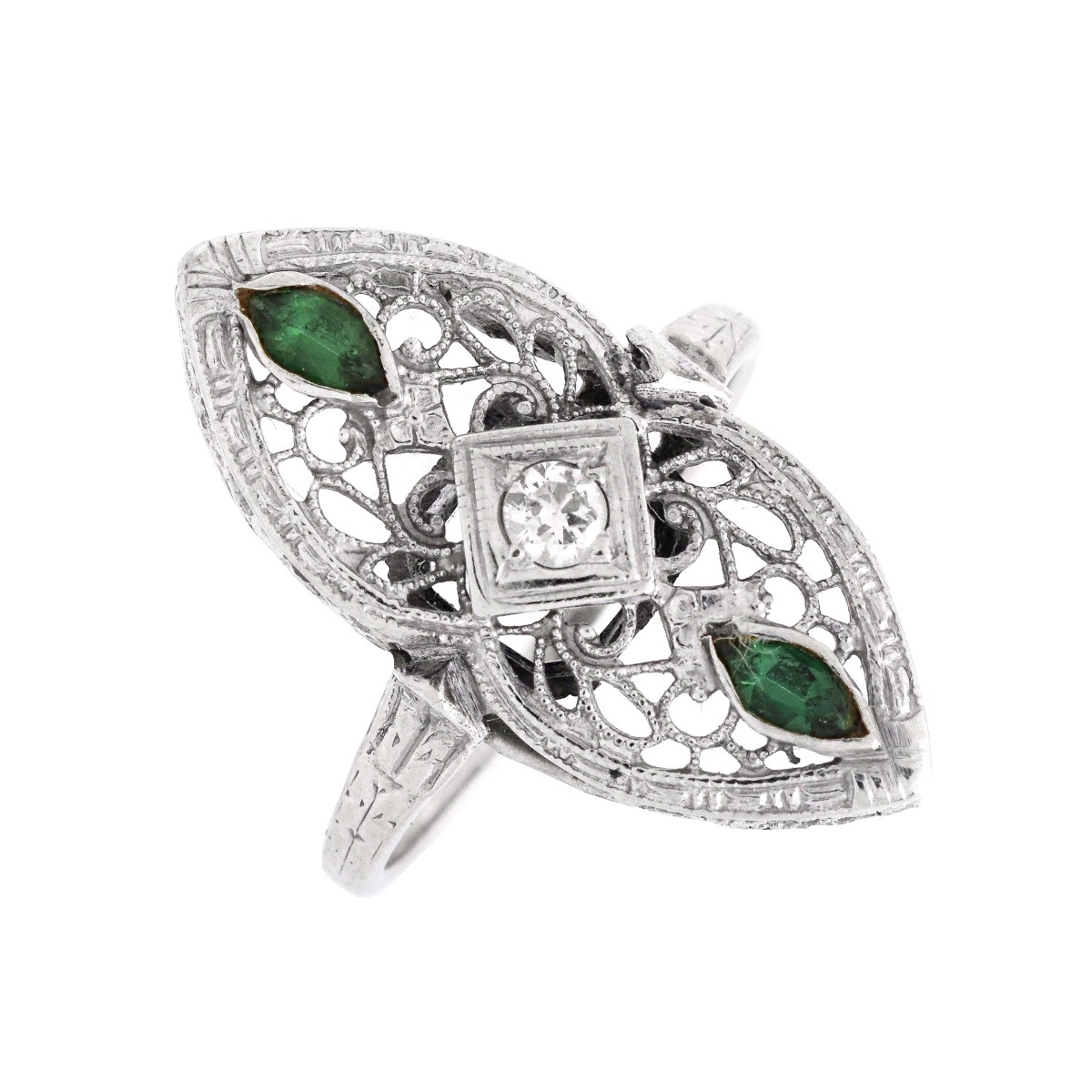 Art Deco Diamond, Emerald and 14K Ring