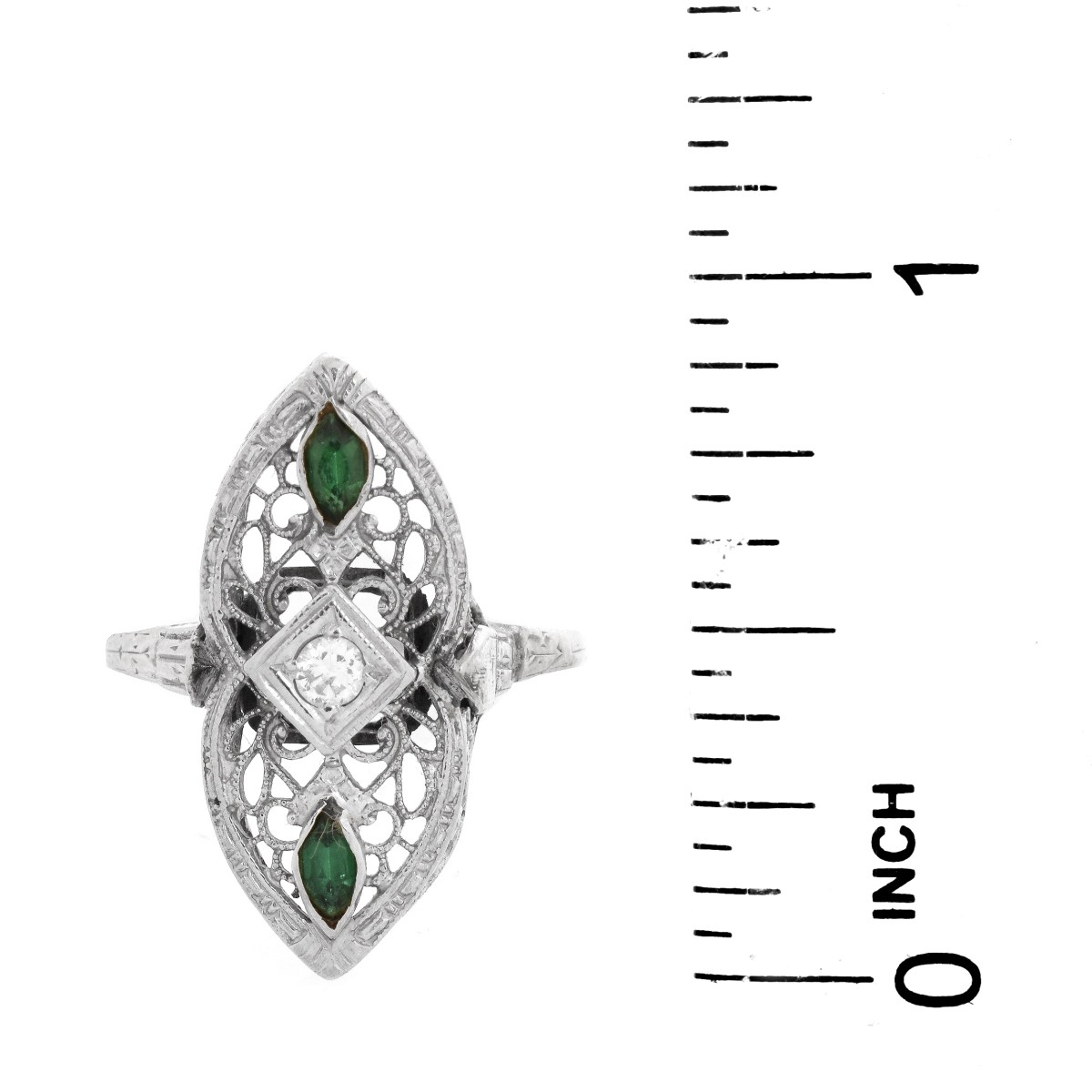 Art Deco Diamond, Emerald and 14K Ring