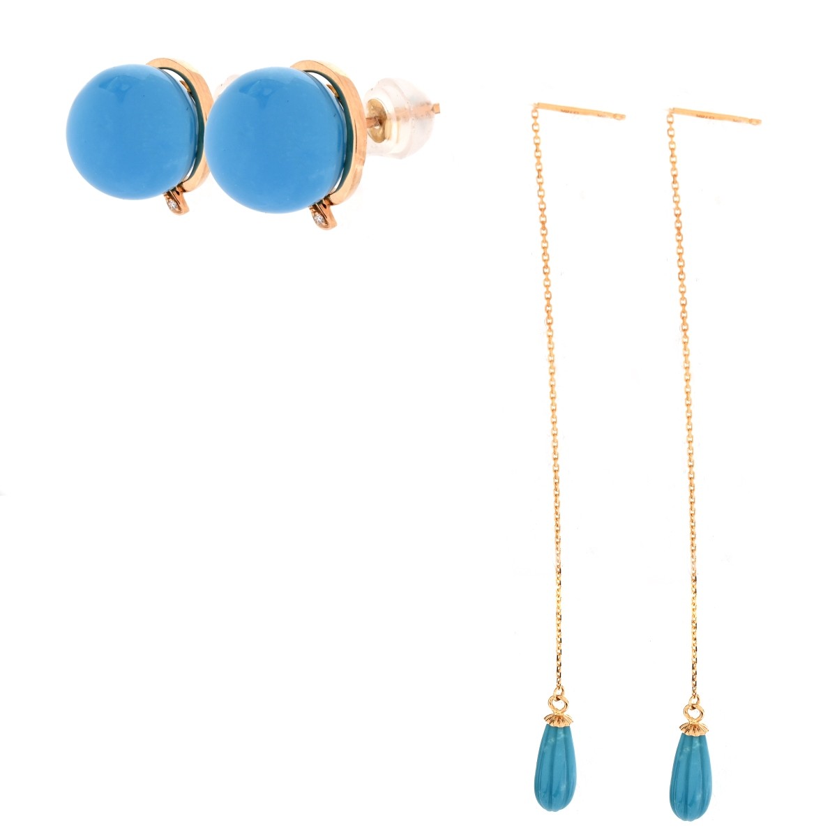 Two Pair Turquoise 18K Gold Earrings