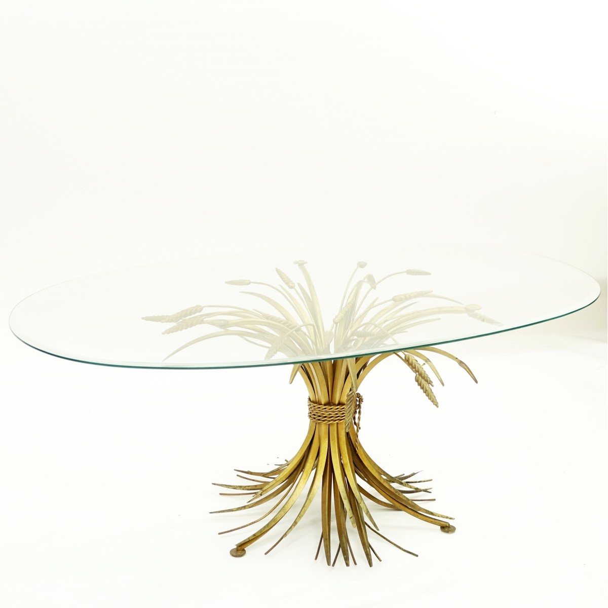 Mid Century Gilt Metal Wheat Table w/Glass Top