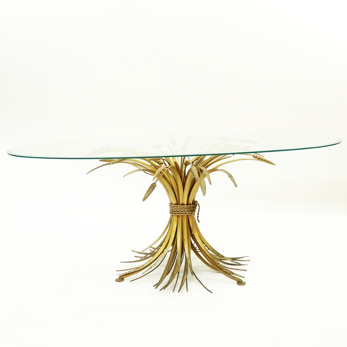 Mid Century Gilt Metal Wheat Table w/Glass Top