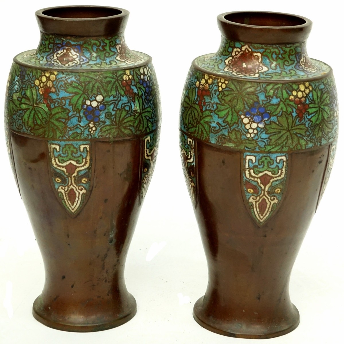 Pair of Japanese Bronze Champleve Enamel Vases