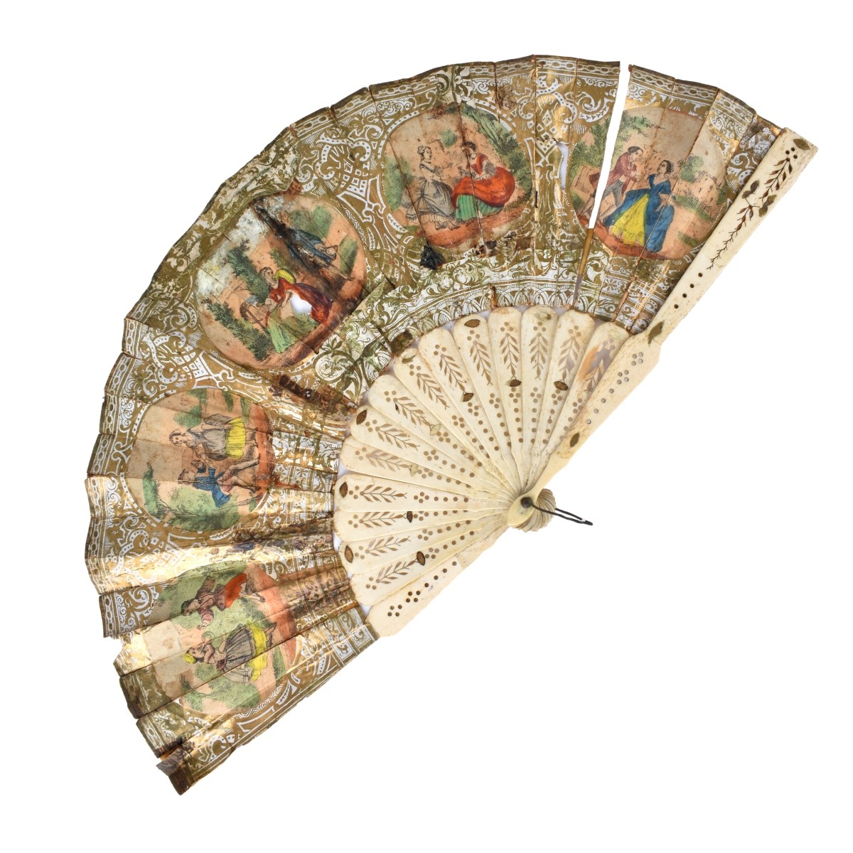 18/19th C. Hand Colored Fan with Bone Sticks