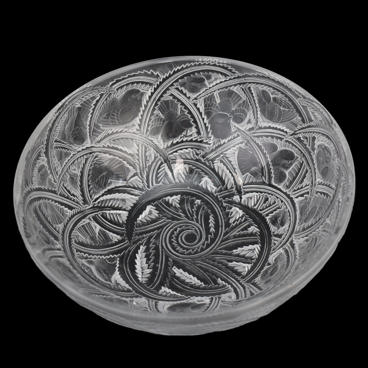 Lalique "Pinson" Clear Crystal Bowl. Birds and lea