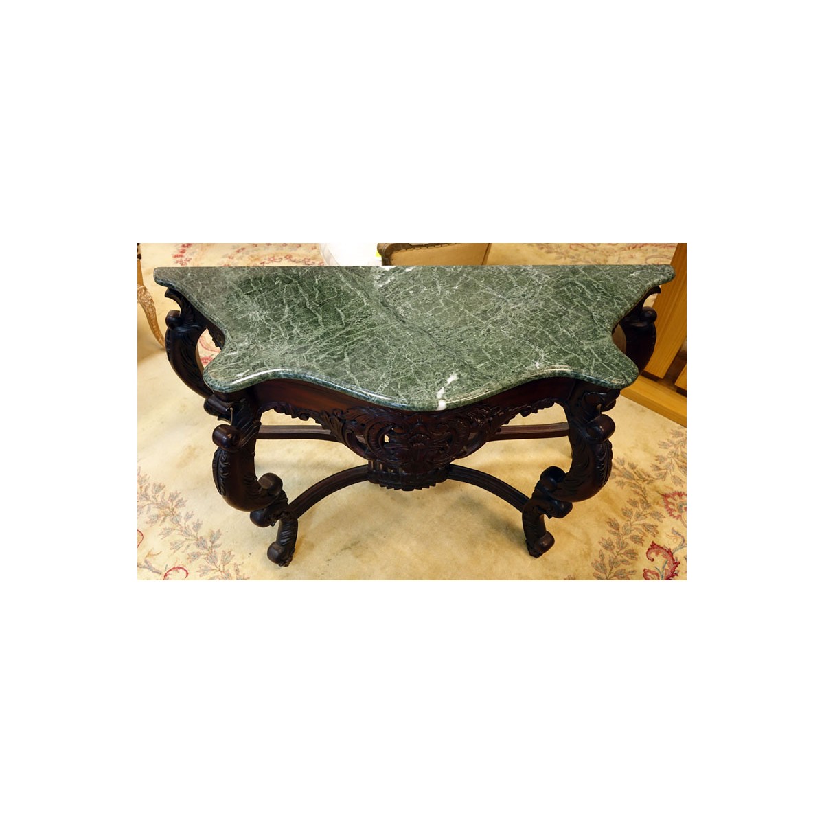 20C Carved Mahogany, Marble Top Console Table