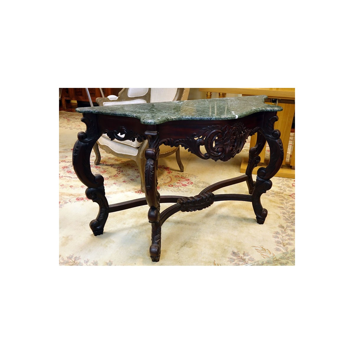 20C Carved Mahogany, Marble Top Console Table