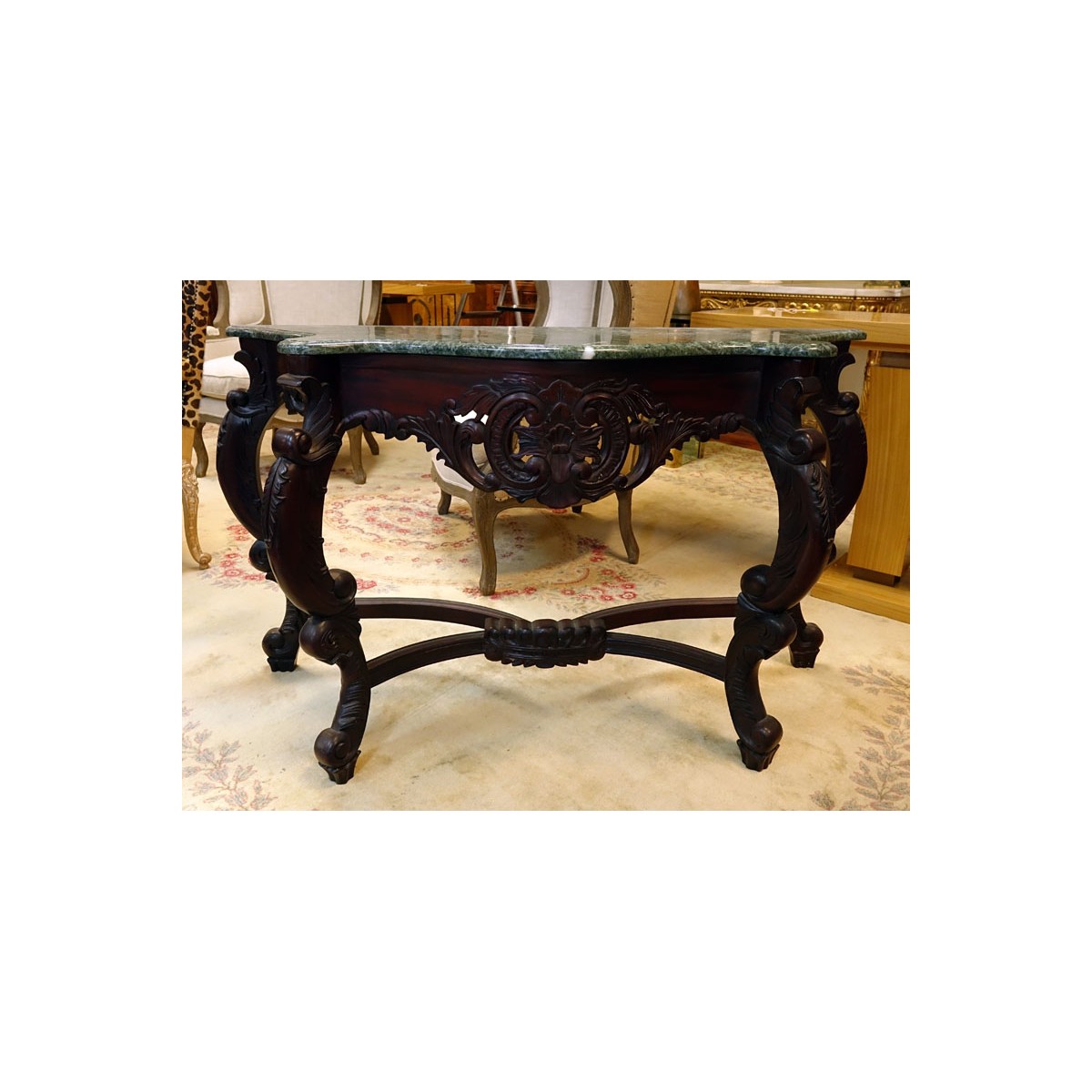 20C Carved Mahogany, Marble Top Console Table