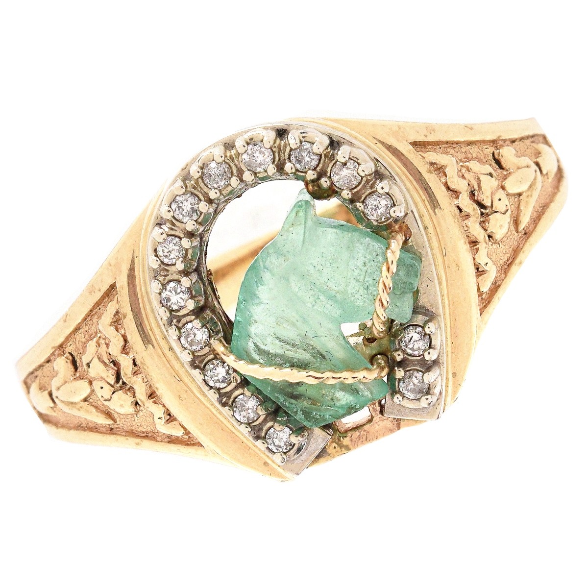 Carved Emerald, Diamond and 14K Ring