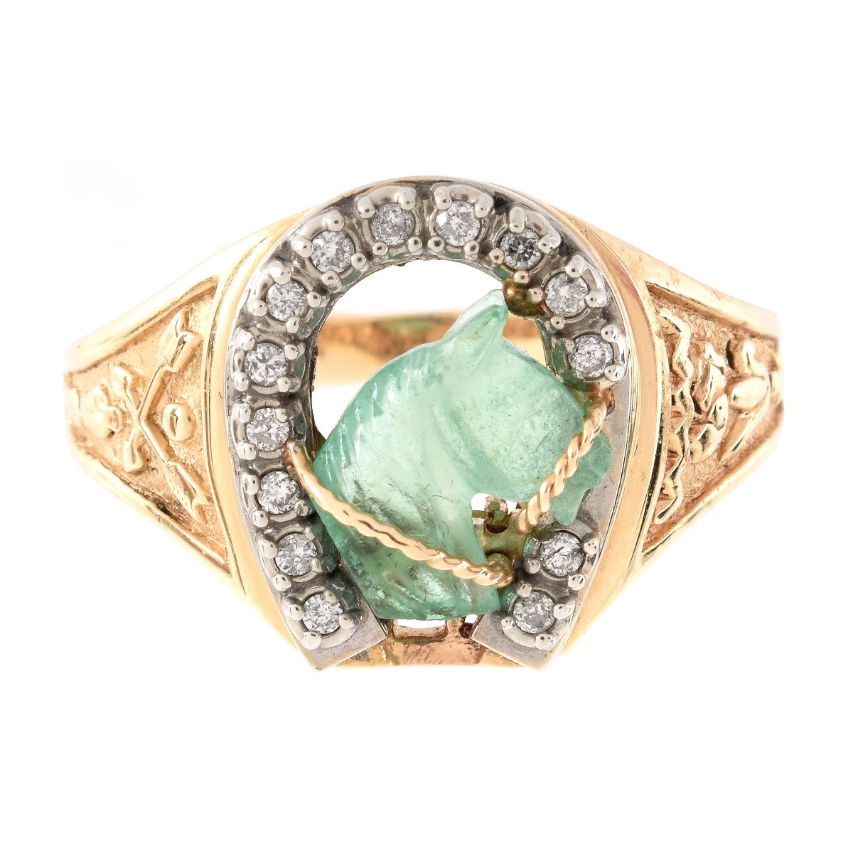 Carved Emerald, Diamond and 14K Ring