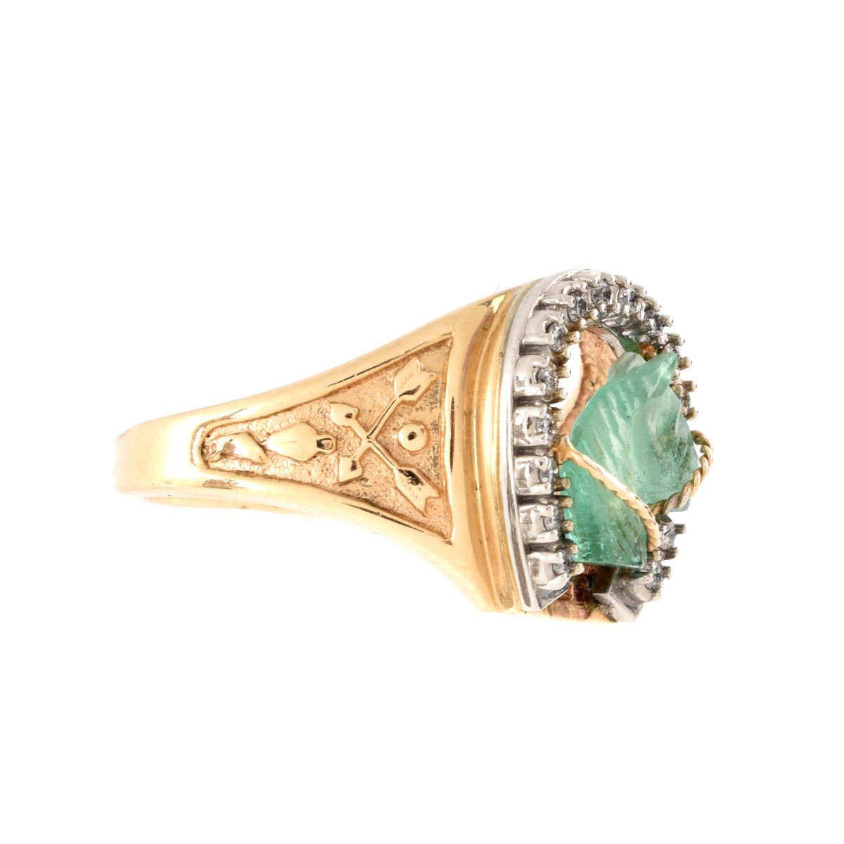 Carved Emerald, Diamond and 14K Ring