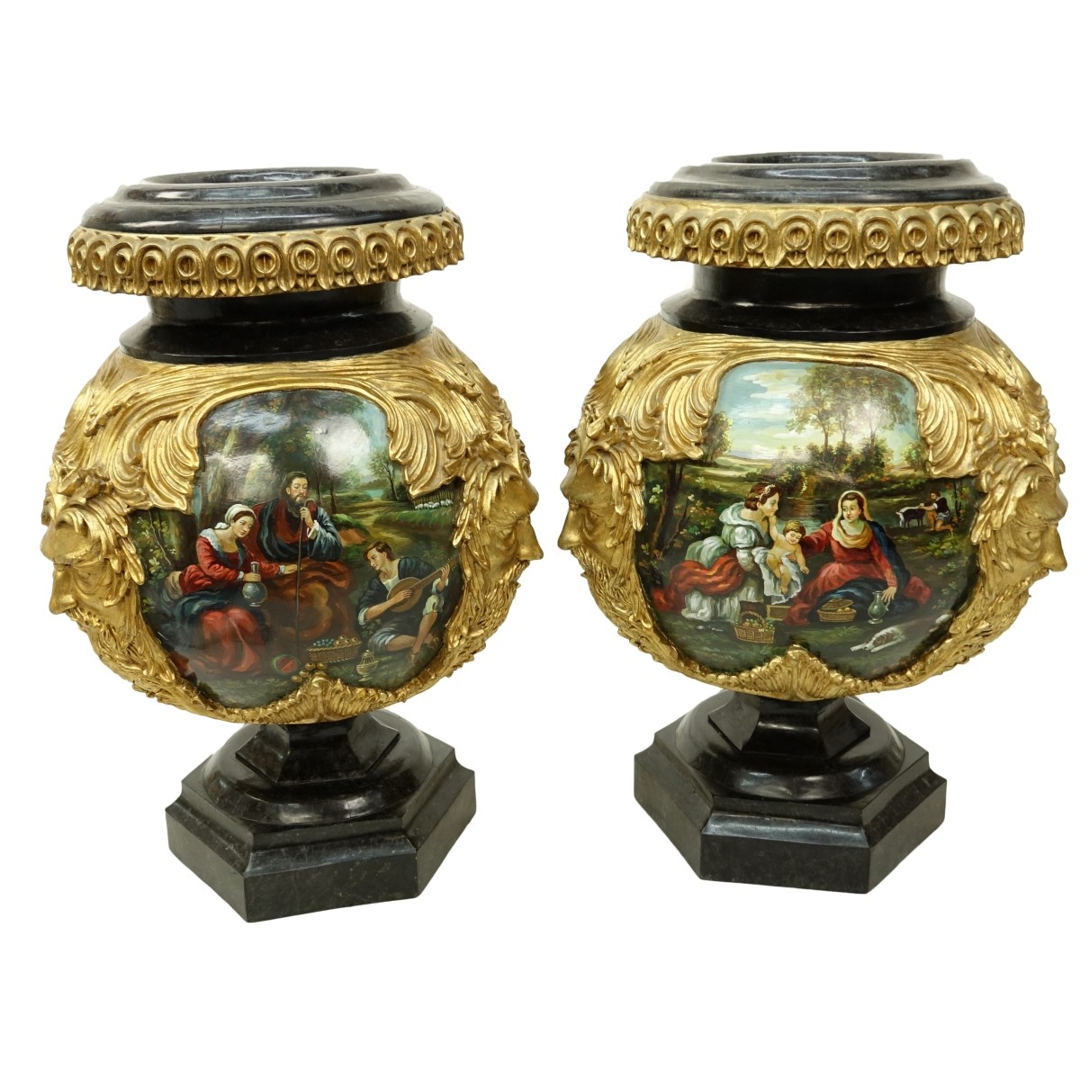 Pair Monumental Hand Painted Decorative Urns