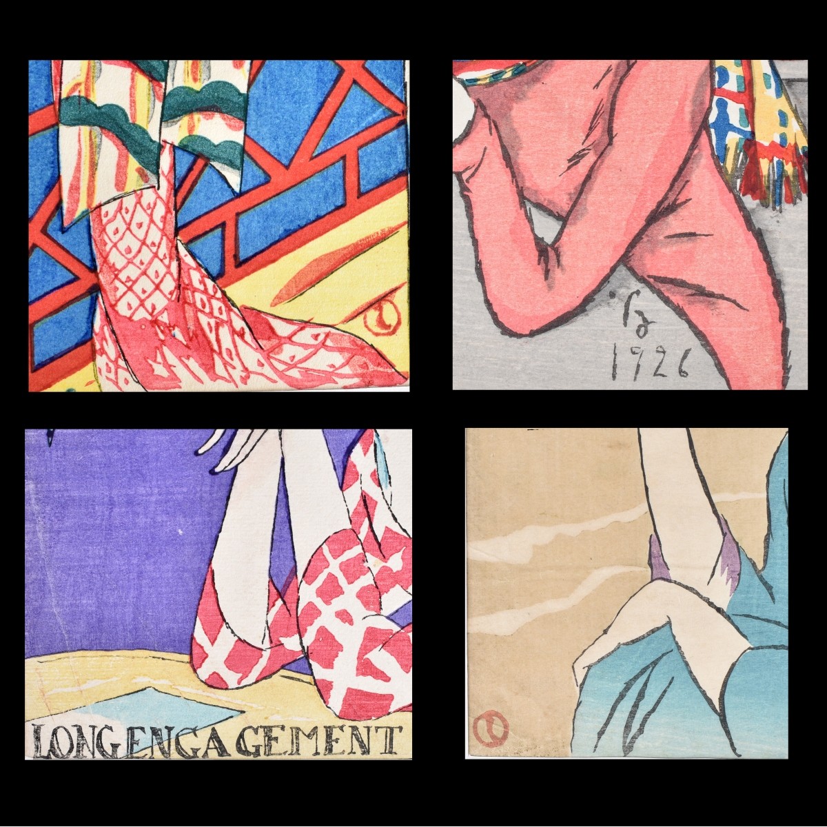 4 Japanese Art Deco Watercolors