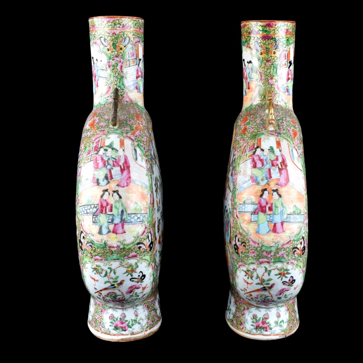 Chinese Export Rose Medallion Moon Flask Vases