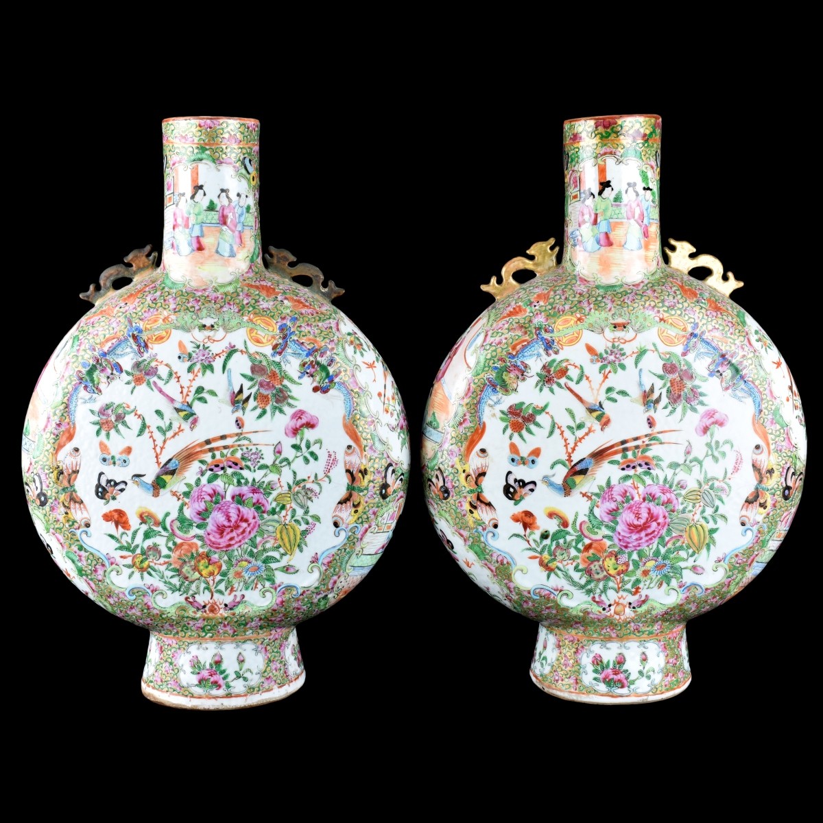 Chinese Export Rose Medallion Moon Flask Vases