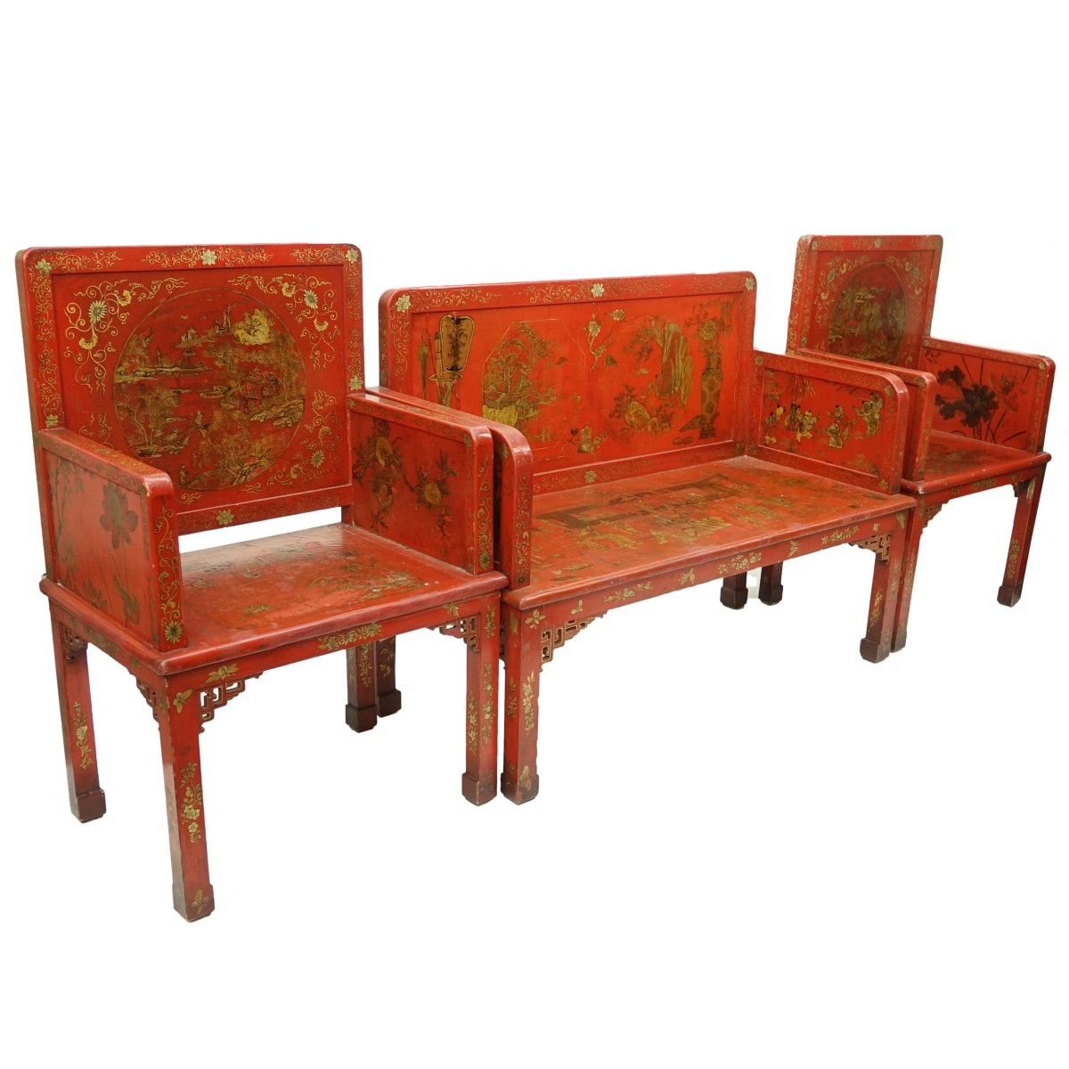 3 Pc Chinese Lacquer Seating Group