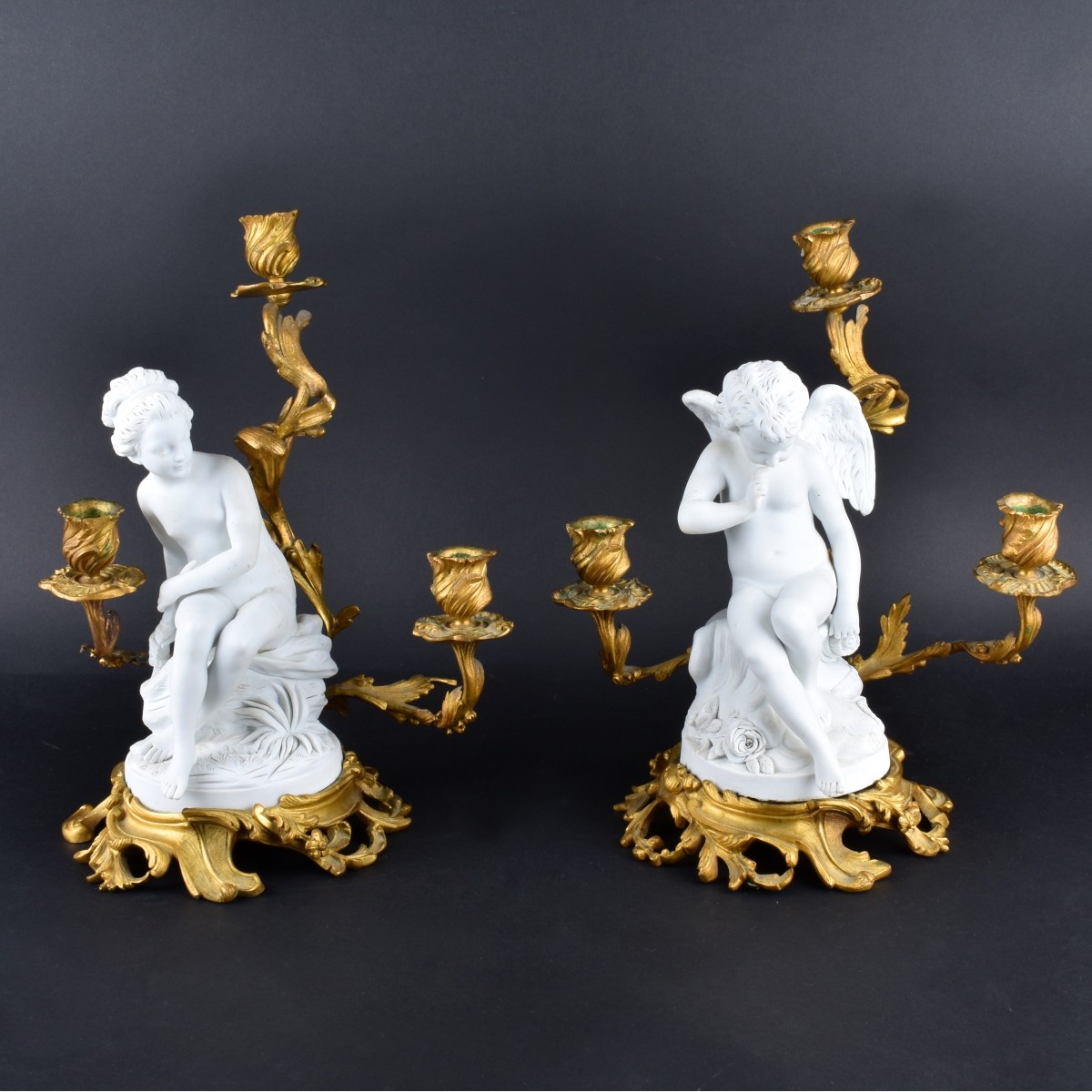 Pair 19th C Sevres Bisque and Bronze Candelabra