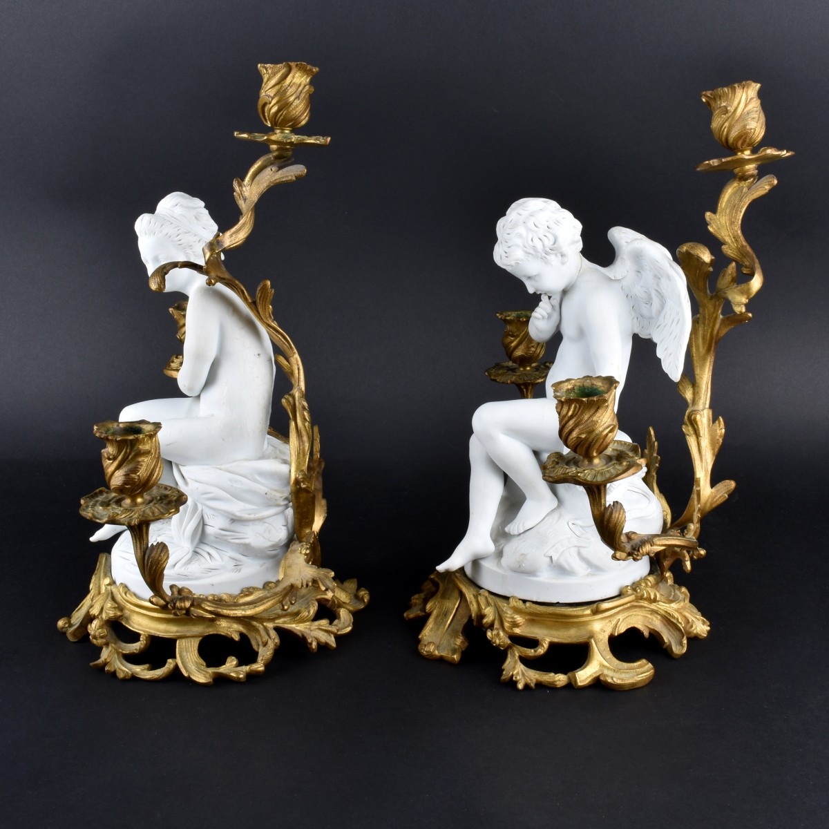 Pair 19th C Sevres Bisque and Bronze Candelabra