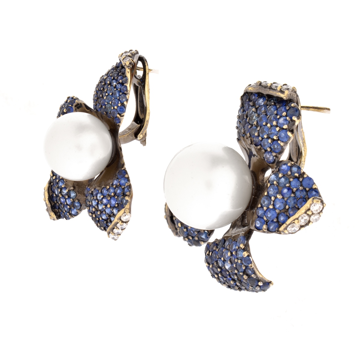 Sapphire, Diamond, Pearl and 18K Earrings.