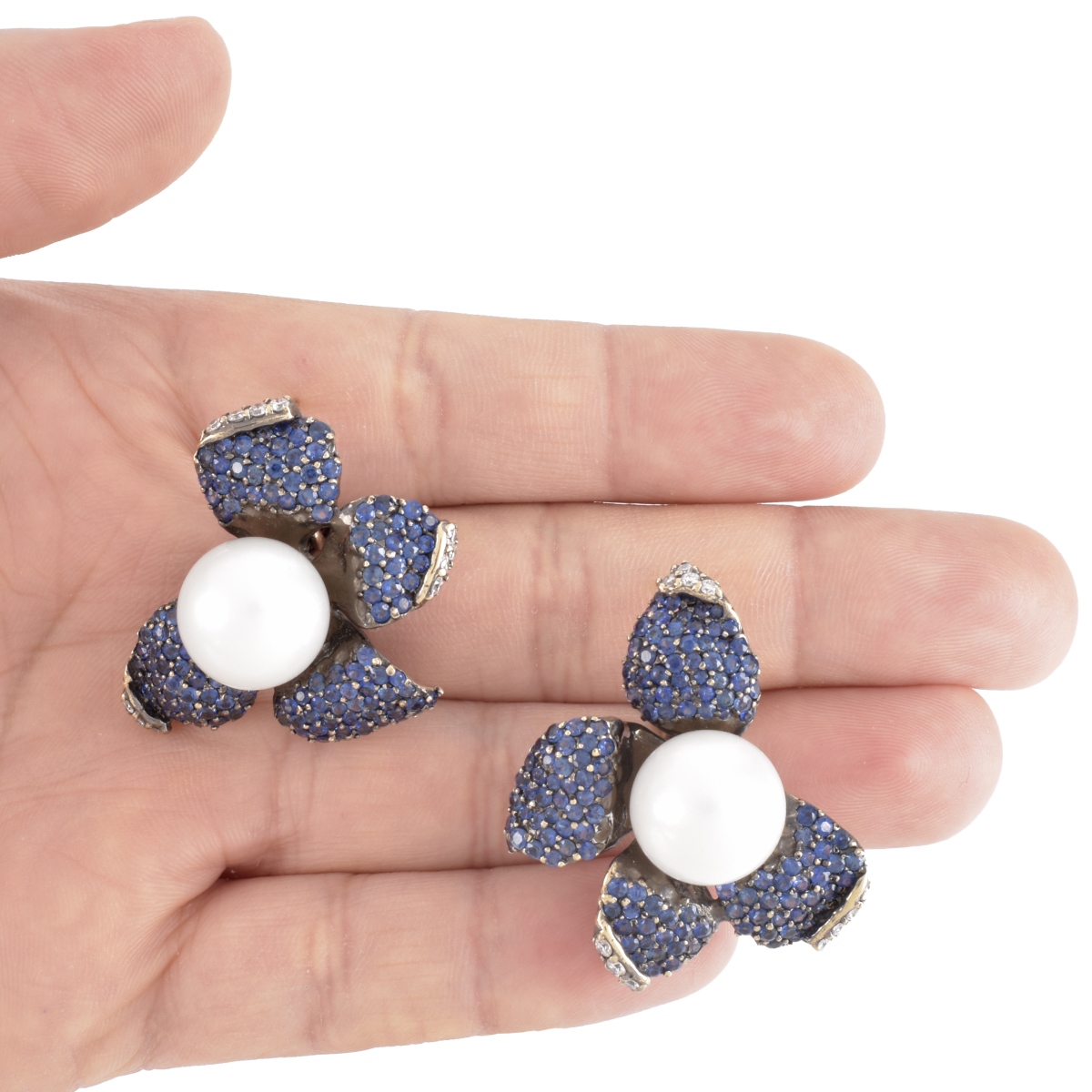 Sapphire, Diamond, Pearl and 18K Earrings.