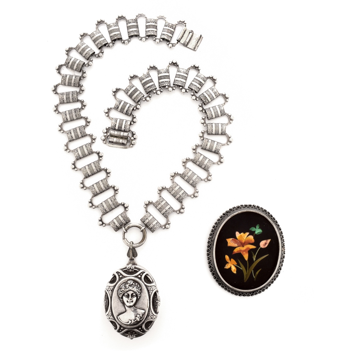 Antique Silver Necklace and Pietra Dura Pendant