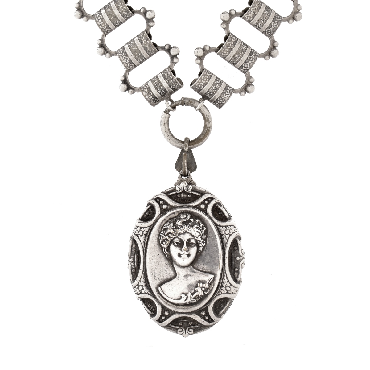 Antique Silver Necklace and Pietra Dura Pendant