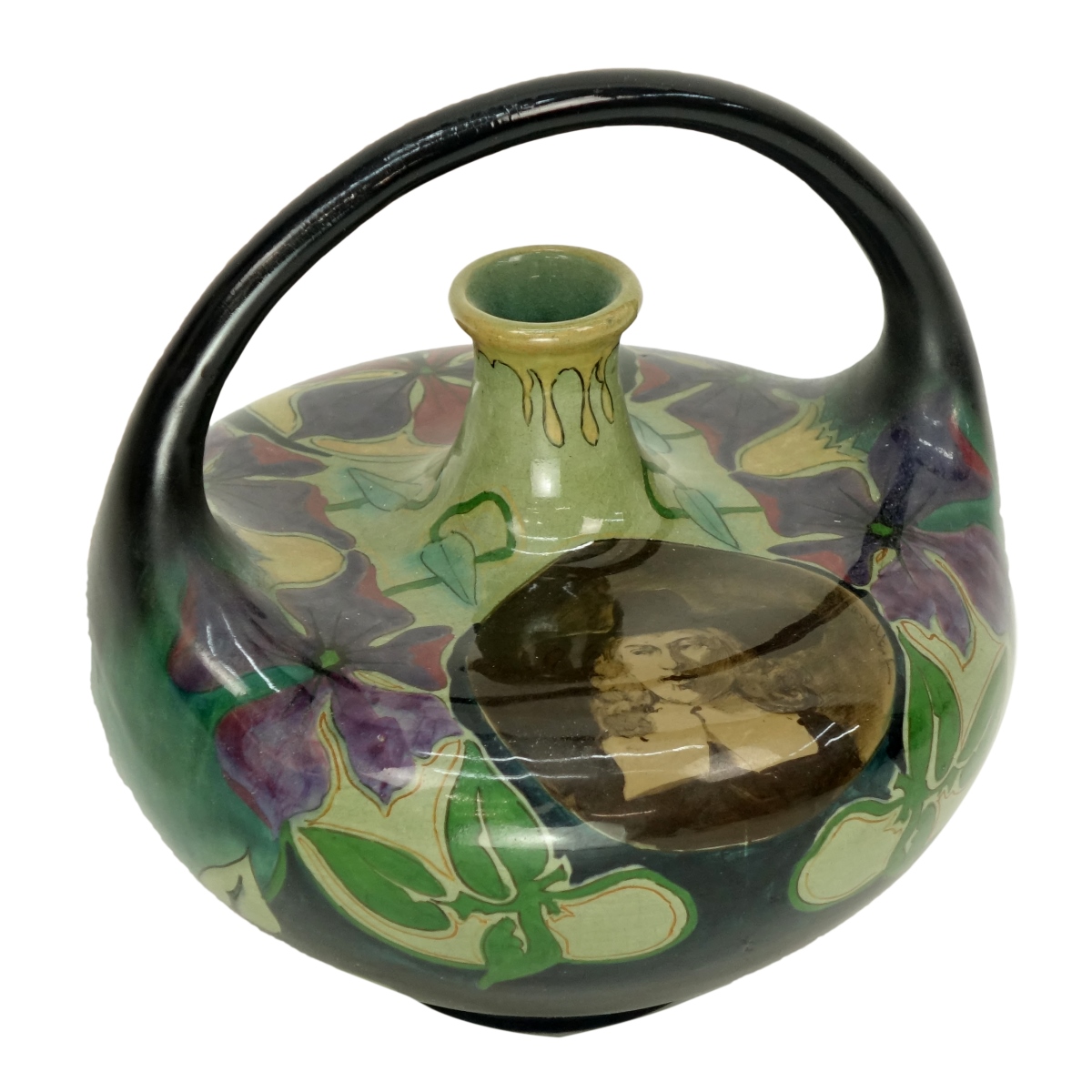 Gouda Art Nouveau Pottery Basket Vase W/ Portrait