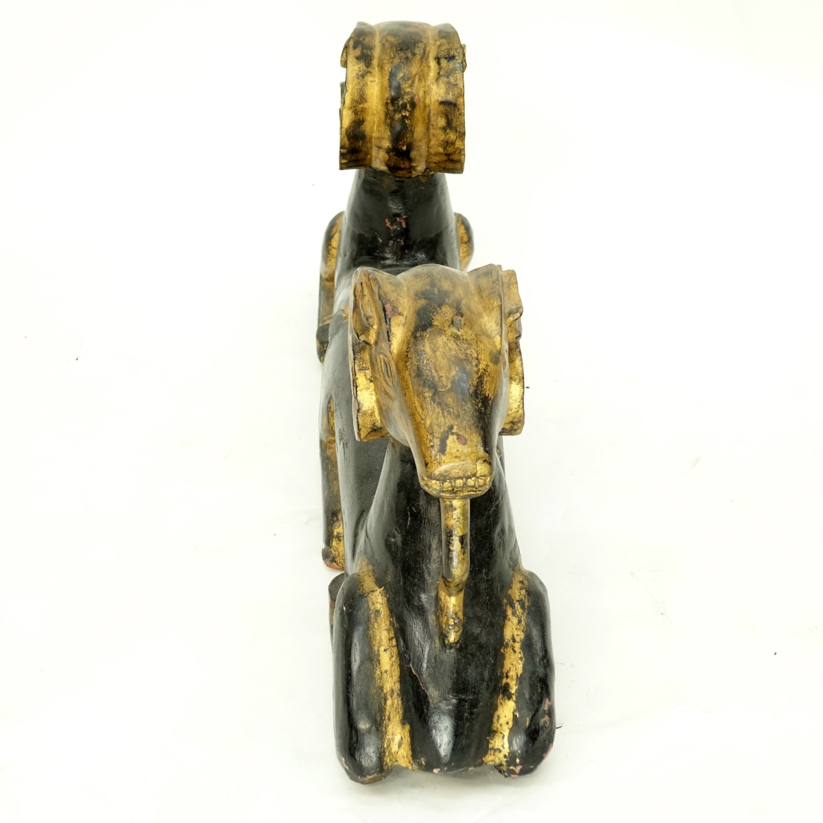 Oriental Wood Carved Double Ram's Head Sculpture