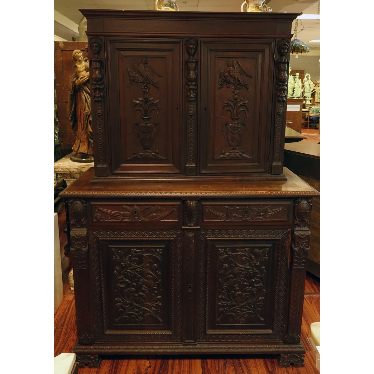 19th C. Renaissance Carved Walnut Two-Part Cabinet