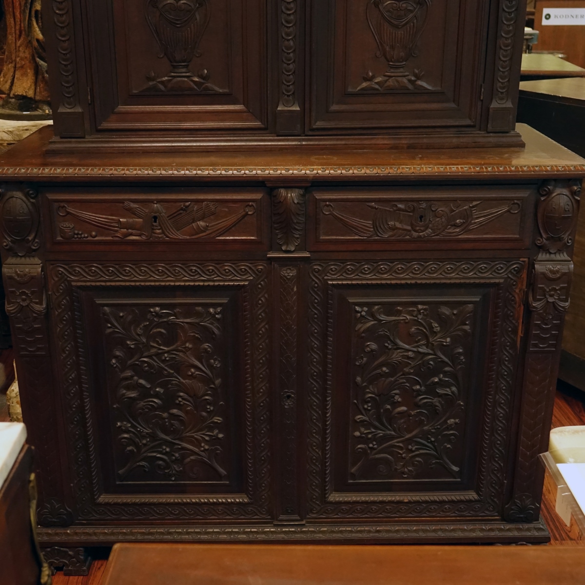 19th C. Renaissance Carved Walnut Two-Part Cabinet