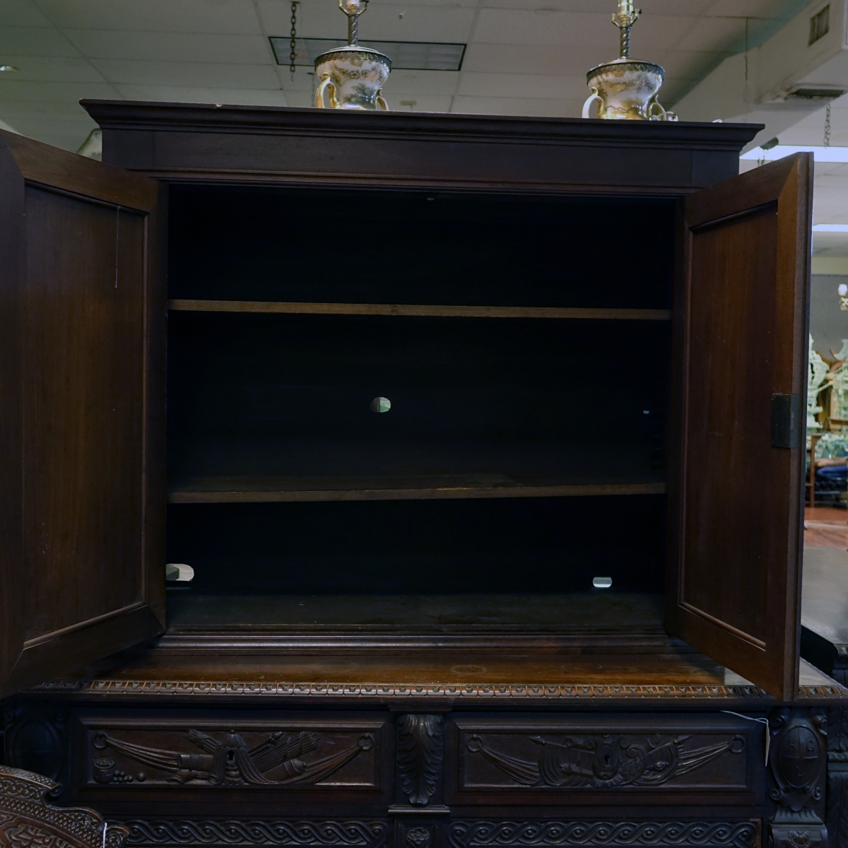 19th C. Renaissance Carved Walnut Two-Part Cabinet