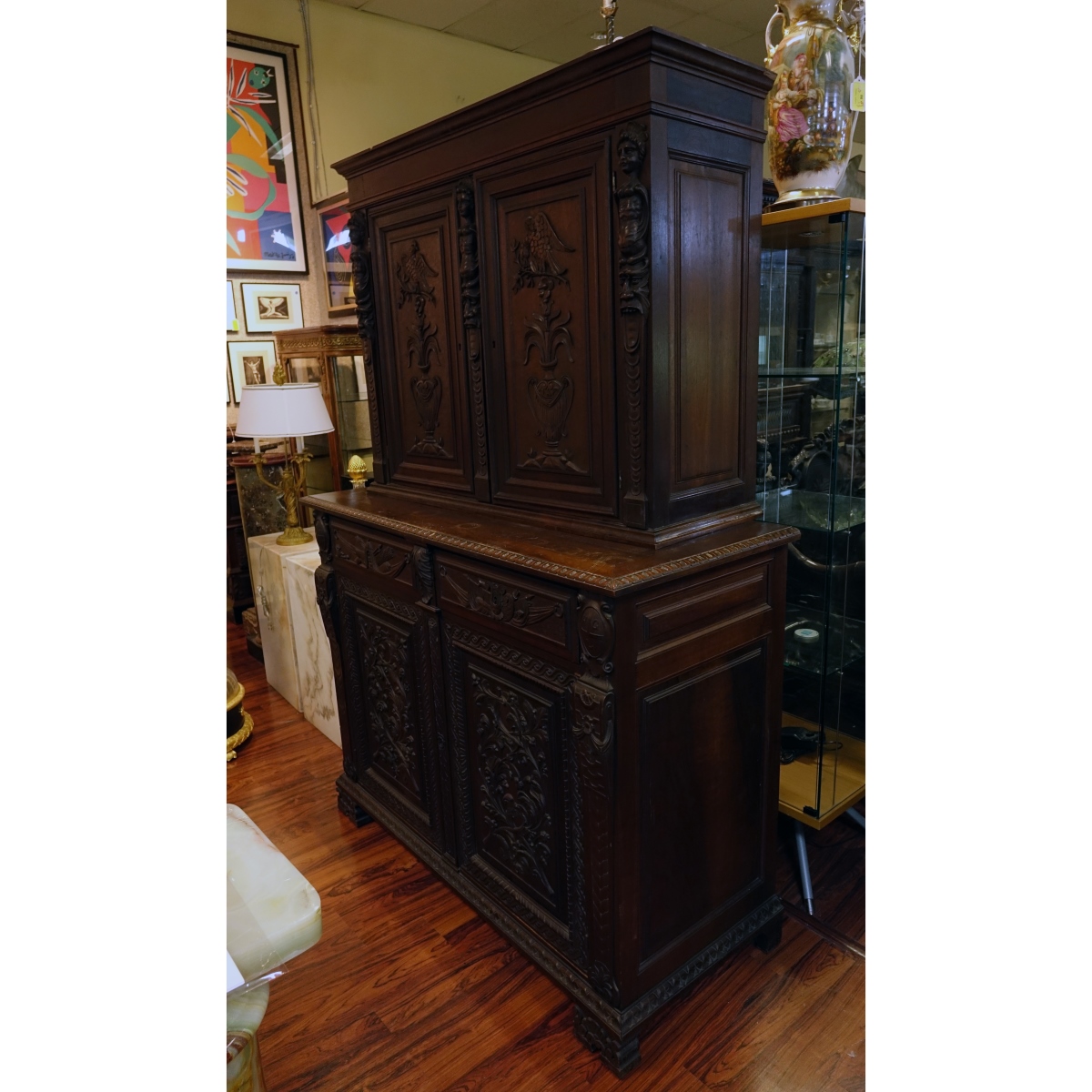 19th C. Renaissance Carved Walnut Two-Part Cabinet