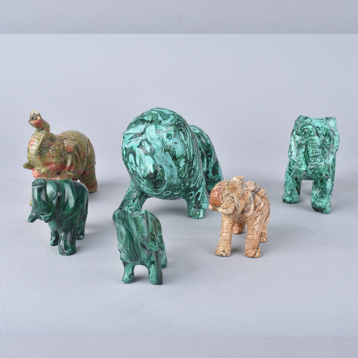 Six Hardstone Animals, Elephants and Lion