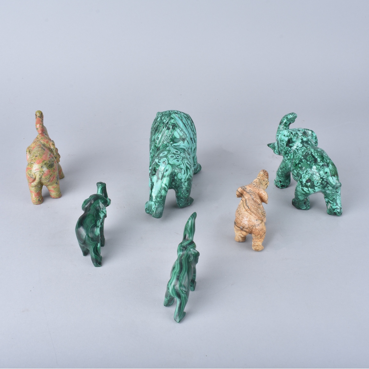 Six Hardstone Animals, Elephants and Lion