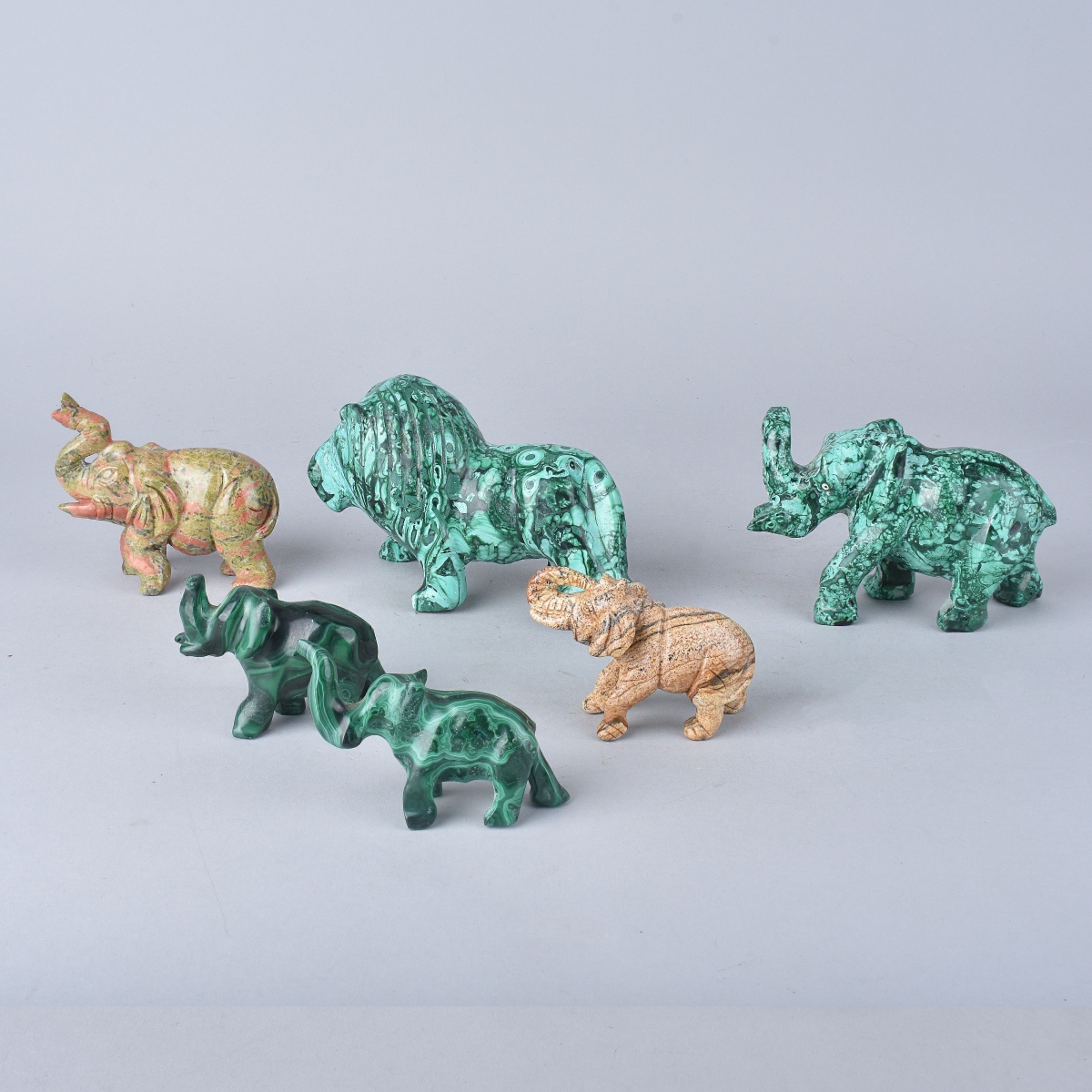 Six Hardstone Animals, Elephants and Lion