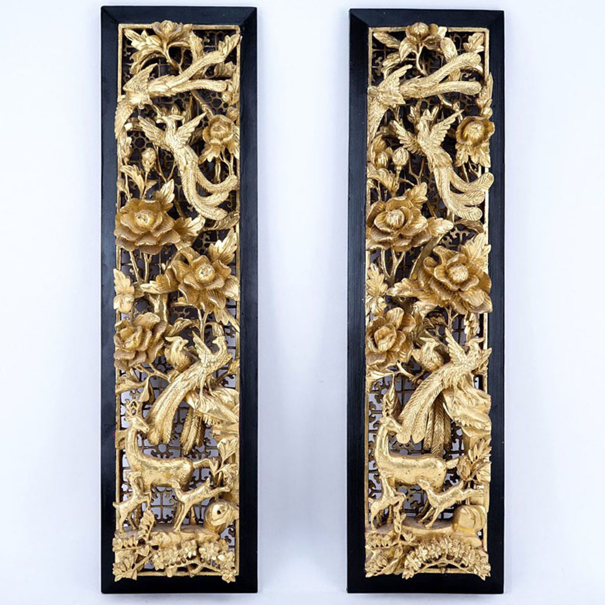 Pair of Chinese Giltwood Deep Relief Carved Panels. A few small n