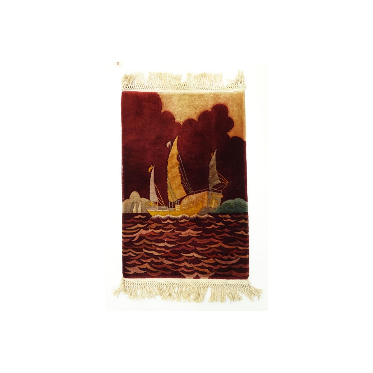 Circa 1920s Walter Nichols Nautical Scene Oriental Rug. Burgundy