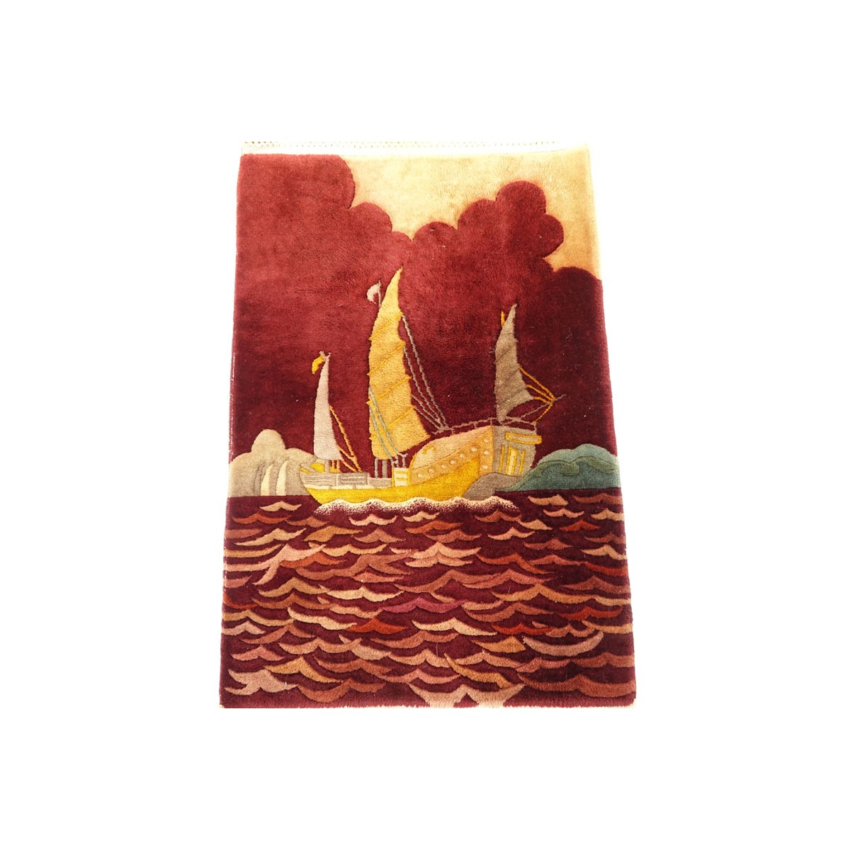 Circa 1920s Walter Nichols Nautical Scene Oriental Rug. Burgundy