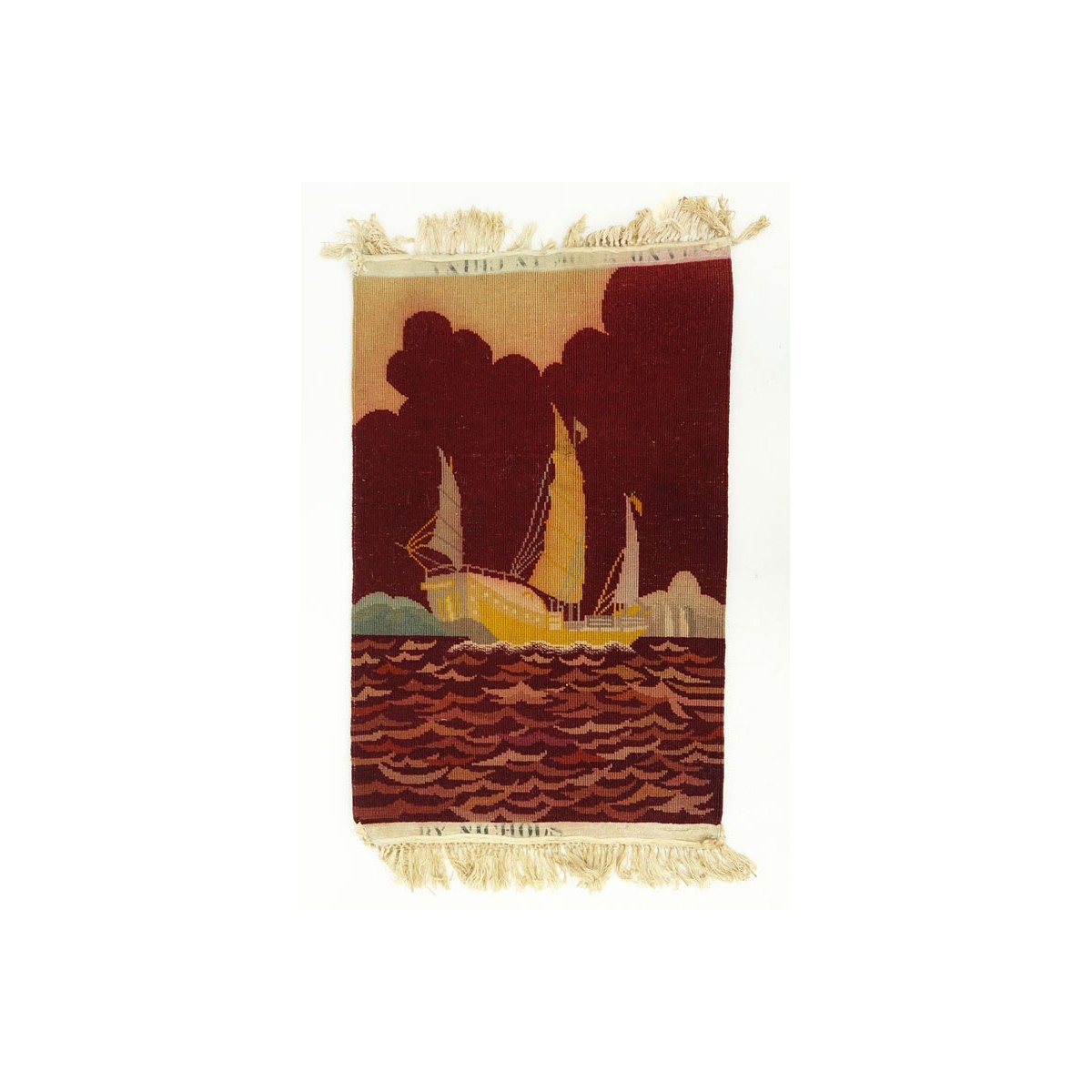 Circa 1920s Walter Nichols Nautical Scene Oriental Rug. Burgundy