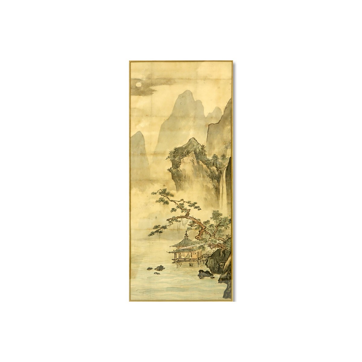 Large Antique Japanese Watercolor Scroll Painting, Landscape Scen