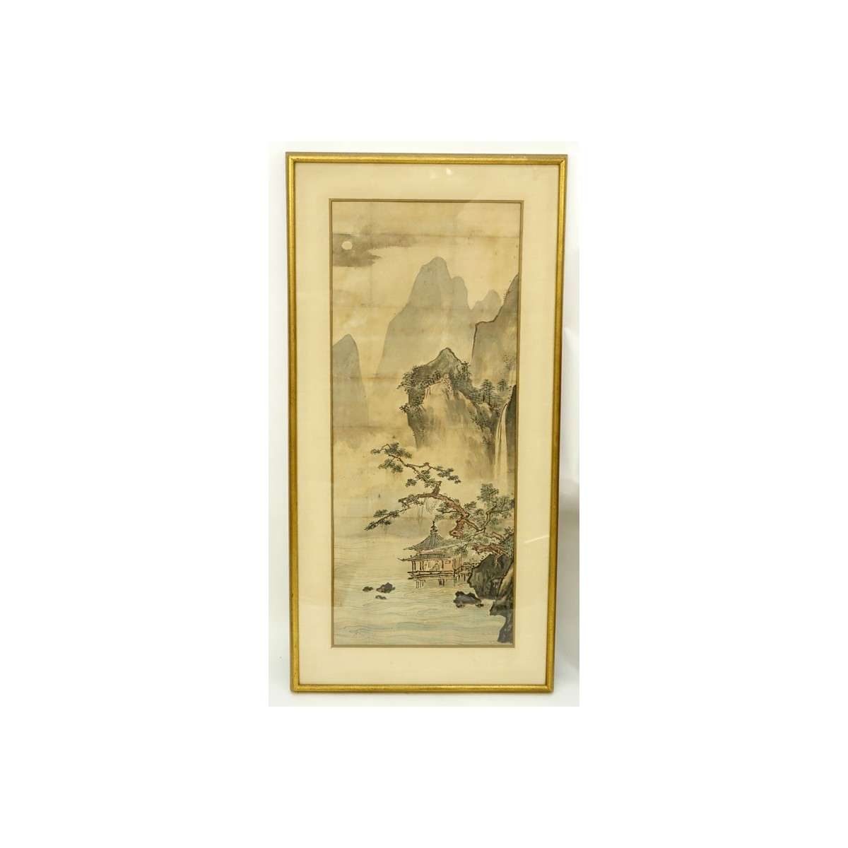 Large Antique Japanese Watercolor Scroll Painting, Landscape Scen