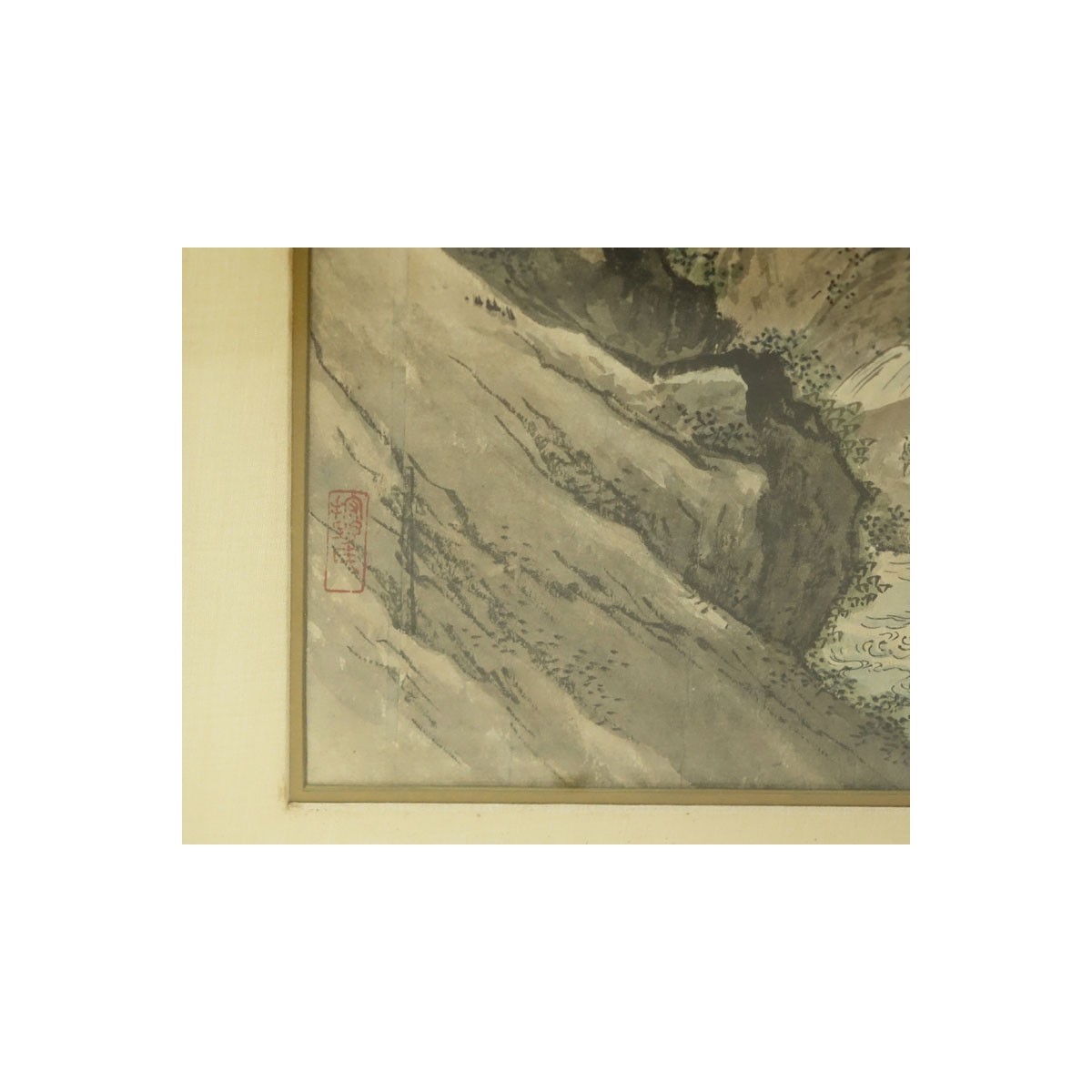 Large Antique Japanese Watercolor Scroll Painting, Landscape Scen