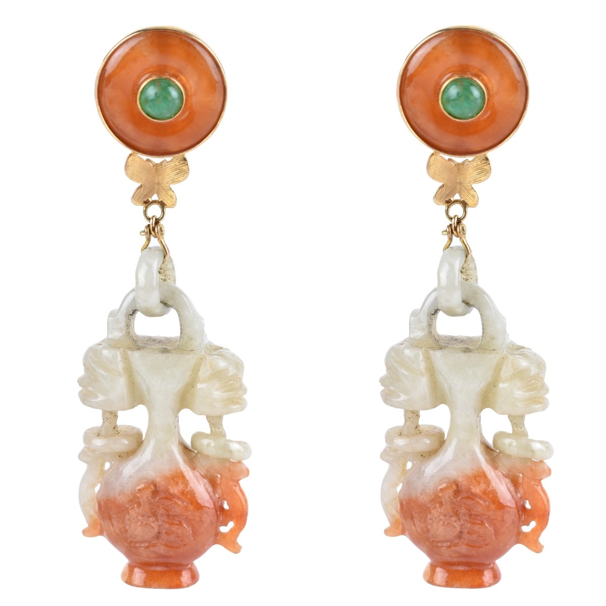 Vintage Jade, Carnelian and 14K Earrings.