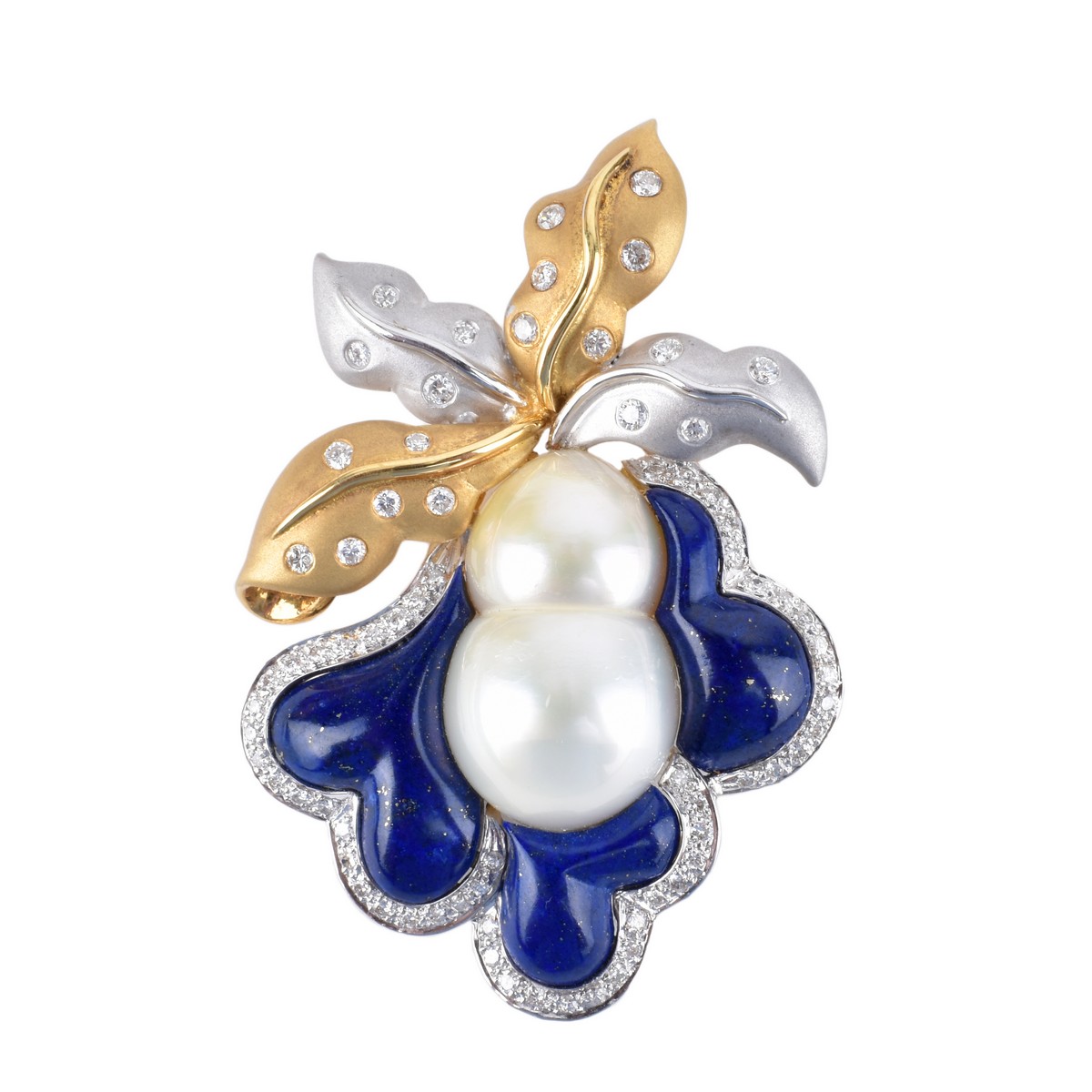 Twin Pearl, Lapis, Diamond and 18K Pendant/Brooch