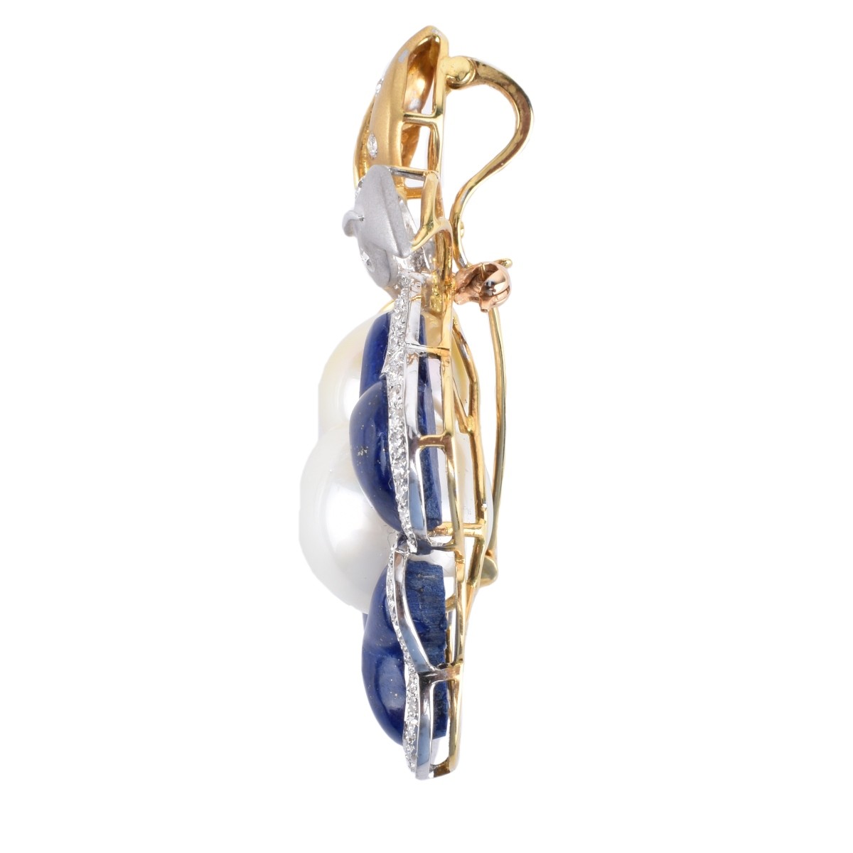 Twin Pearl, Lapis, Diamond and 18K Pendant/Brooch