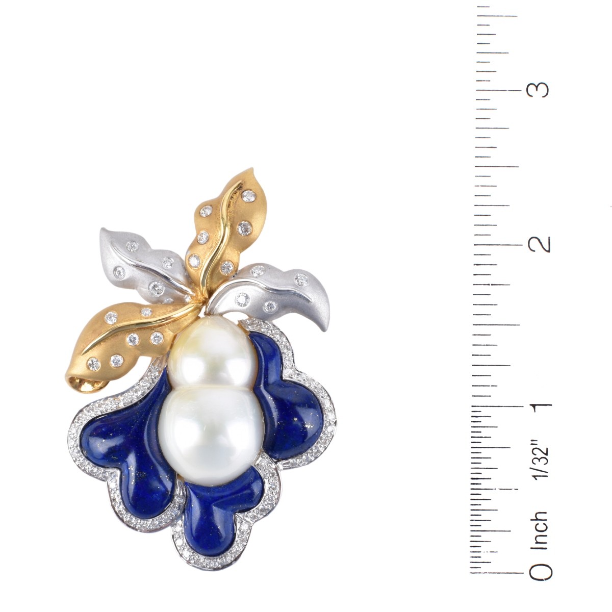 Twin Pearl, Lapis, Diamond and 18K Pendant/Brooch