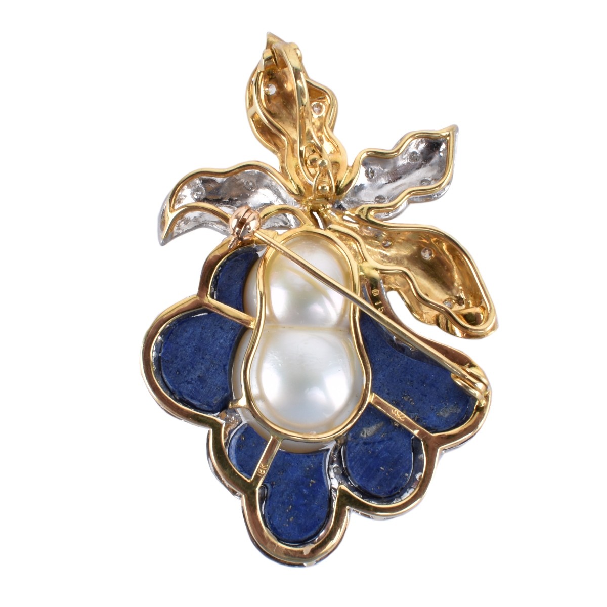 Twin Pearl, Lapis, Diamond and 18K Pendant/Brooch