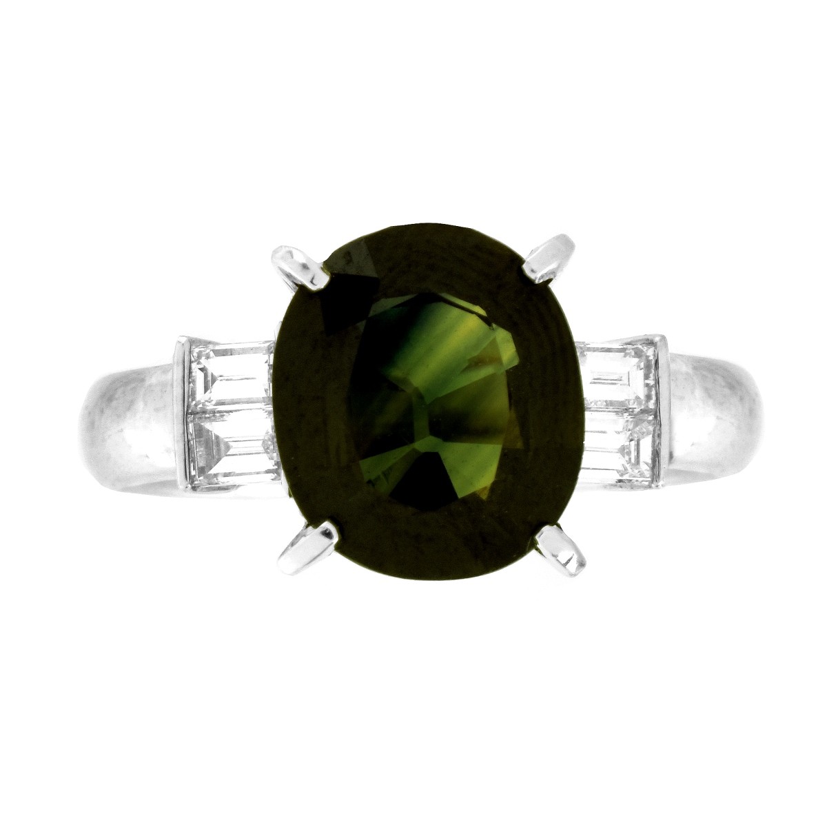 Green Sapphire, Diamond and Platinum Ring
